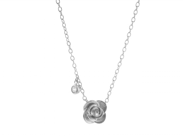 Silver Rhodium Plated Rose Flower Pendant Necklace, 16 In. Plus 2 In. & Cubic Zirconia Bezel Side