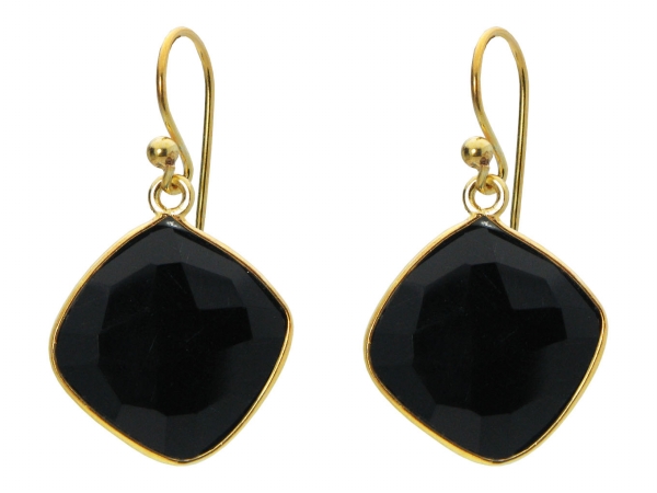 18k Gold Plated Sterling Silver Small Square Onyx Stone Earrings, 1.19 In.