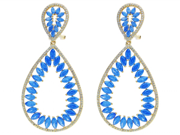 Rhodium Plated Silver Blue & White Cubic Zirconia Marquise Earrings, 2.5 In.