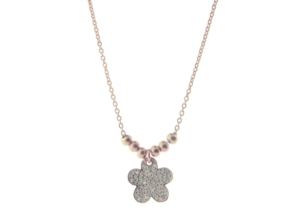 Silver Pink Plated Flower Pendant Pave Cubic Zirconia & 6 Ball Beads Necklace, 16 In. Plus 2 In.