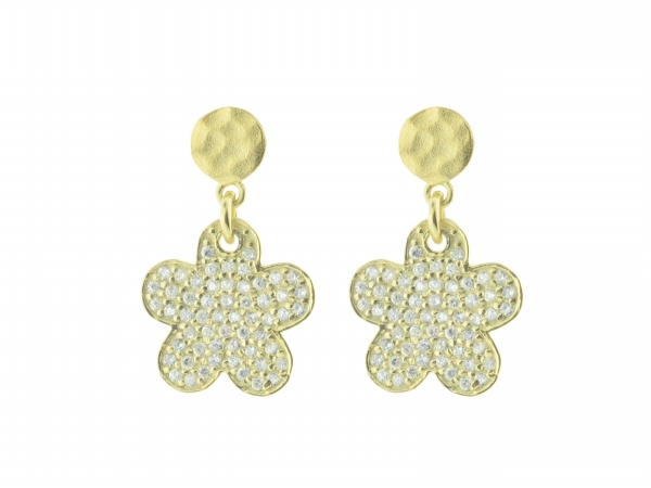 Silver Gold Plated Flower Pendant Pave Cubic Zirconia Stud Earring, 15 Mm Long