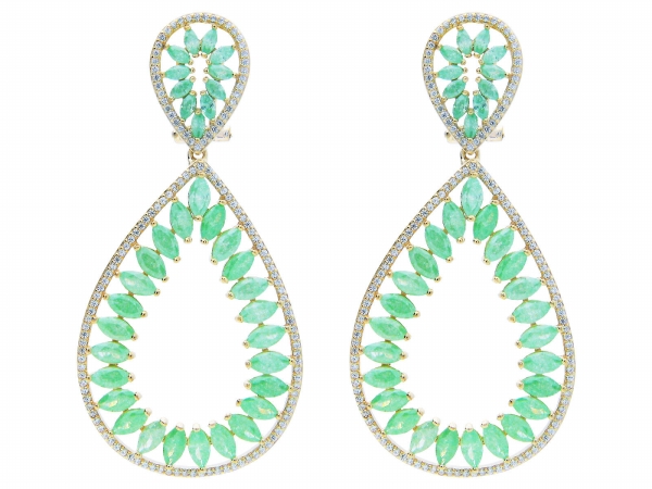 Rhodium Plated Silver Green & White Cubic Zirconia Marquise Earrings, 2.5 In.