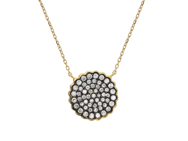 Silver Gold Plated 16 Mm Diam Pave Cubic Zirconia Disc Black Rhodium Pendant Necklace, 15.5 In. Plus 1.5 In.