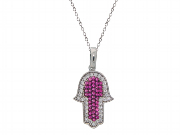 Micropave Pink Cubic Zirconia Hamsa Hand Charm Necklace, 16 In.