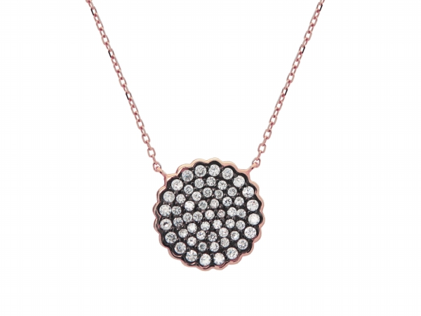 Silver Pink Plated 16 Mm Diam Pave Cubic Zirconia Disc Black Rhodium Pendant Necklace, 15.5 In. Plus 1.5 In.