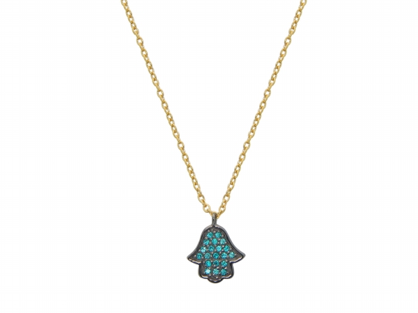 Slender Gold Plated Sterling Silver Aqua Cubic Zirconia Hamsa Necklace, 15.5 In. Plus 1.5 In. Extension