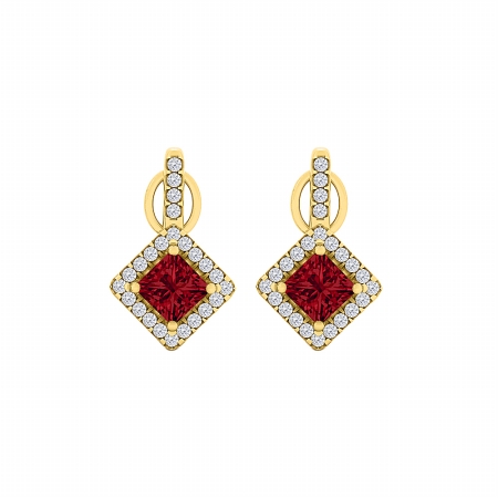 Fine Jewelry Vault UBUNER40850Y14CZR Cubic Zirconia Ruby Rhombus Halo Stud Earrings in 14K Yellow Gold