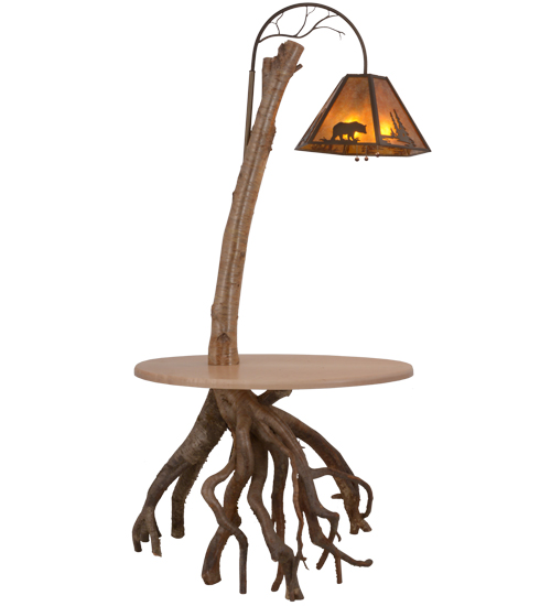 150582 72 In. Birchwood With Table Floor Lamp, Antique Copper & Amber Mica