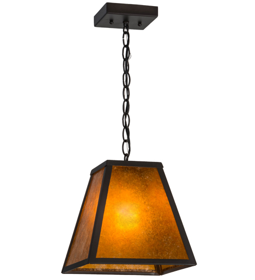 156357 10 In. Square Mission Prime Pendant, Wrought Iron & Amber Mica