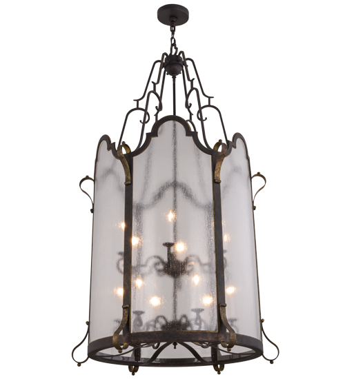 157792 32 In. Dubrek 12 Light Foyer Lantern, Gilded Tobacco With More Gold Clear Seedy Acrylic