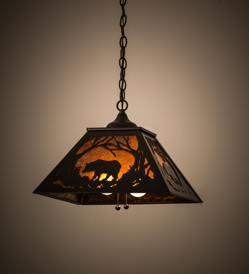 162084 16 In. Square Bear At Dawn Pendant, Timeless Bronze & Amber Mica - Rustic Mission Lodge Animals Mica
