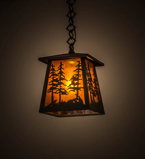 177127 7 In. Square Tall Pines Mini Pendant, Wrought Iron & Amber Mica