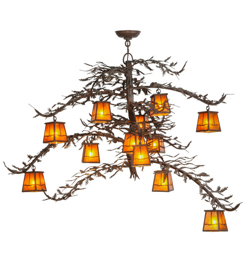 113655 48 In. Pine Branch Valley View 12 Light Chandelier, Cafe Noir & Amber Mica