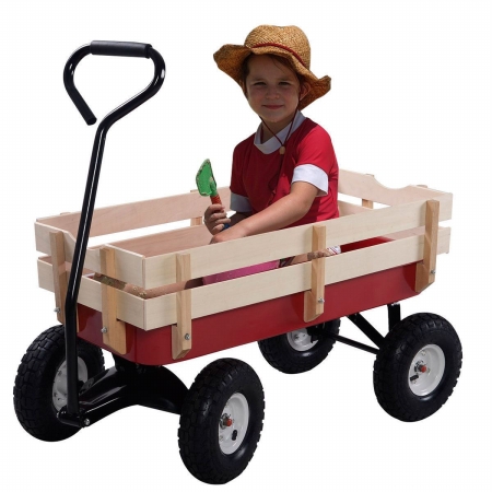 Cb16194 Children Red Wood Pulling Wagon Cart With Railing