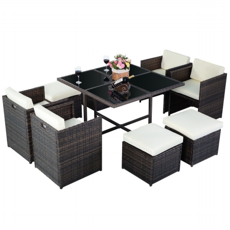 Cb16861 Outdoor Furniture Set Patio Rattan Wicker Cushioned With Ottoman, Mix Brown - 9 Piece