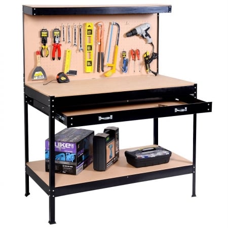 Cb16441 Workshop Table With Drawers & Peg Boar Work Bench Storage, Black
