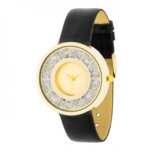 Tw-25712-blackgp Gold Leather Watch With Crystals, Black