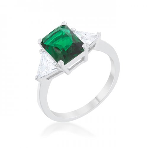 R08451r-c40-09 Classic Rhodium Engagement Ring, Emerald - Size 9