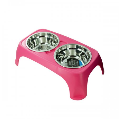 Elevated Double Bowl Pet Feeder, Silver & Pink