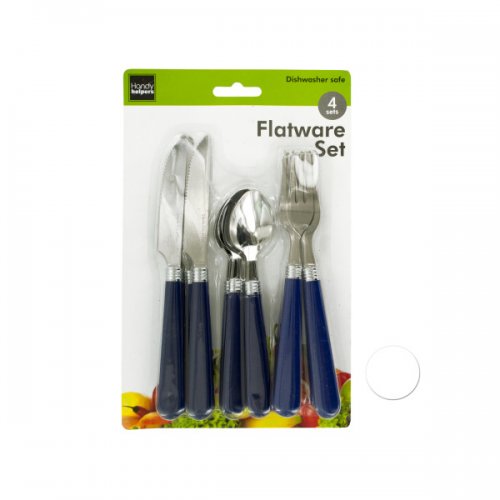 Ol179 Flatware Set - Plastic Handles - White, Blue, Silver