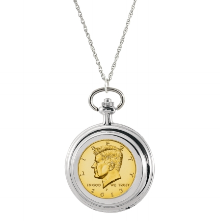 14191 Gold-layered Jfk Half Dollar Pocket Watch Pendant Necklace