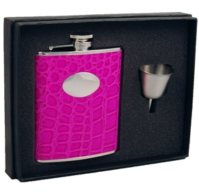 Vset16-1237 Blush Pink Crocodile Leatherette 6 Oz Stainless Steel Flask Gift Set