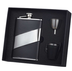 Vset29-2025 Descent Black Leather 8 Oz Deluxe Flask Gift Set With 3 Shot Cups