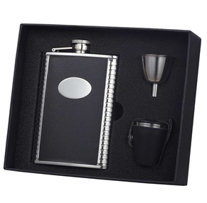 Vset29-1116 Eclipse Z Black Leather 8 Oz Deluxe Flask Gift Set With 3 Shot Cups
