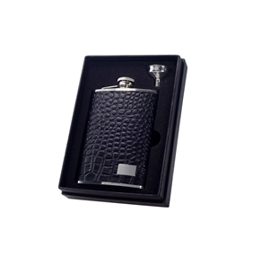 Vset34-1184 Gator Black Crocodile Leather 8 Oz Flask Gift Set