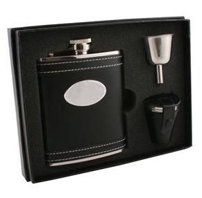 Vset27-2023 Marlon Black Leather 6 Oz Deluxe Flask Gift Set With 3 Shot Cups