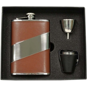Vset29-2063 Nathan Brown Leather 8 Oz Deluxe Flask Gift Set With 3 Shot Cups