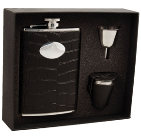 Vset29-1215 Noir Black Crocodile Leather 8 Oz Deluxe Flask Gift Set With 3 Shot Cups