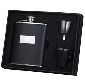 Vset27-1188 Ontario Black Leather 6 Oz Deluxe Flask Gift Set With 3 Shot Cups