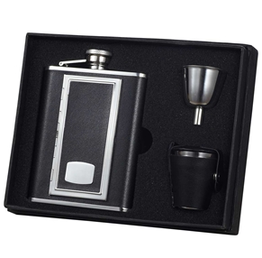 Vset27-2014 Sp Black Leather 6 Oz Deluxe Flask Gift Set