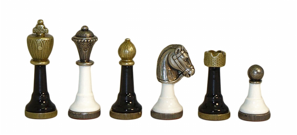 141bn-814 Staunton Metal & Wood Chess Set With Mosaic Decoupage Board, Black & White