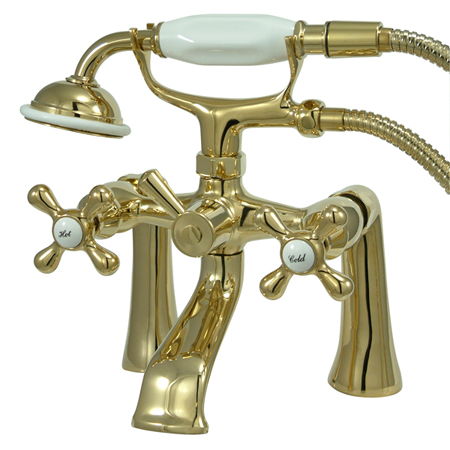 KS268PB 7 Inch Center Spread Tub-Deck Mount Clawfoot Tub Filler With Hand Shower - Polished Brass