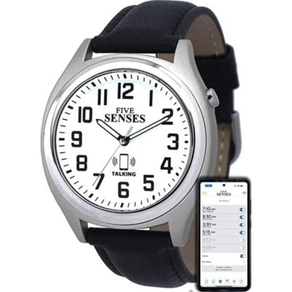 Picture of MaximalPower BAT-1739A Five Senses - Bluetooth Atomic Talking Watch for Visually Impaired - App Controlled 2nd Gen Atomic Wrist Watch for Blind & Seniors - Black Leather Band & White Face