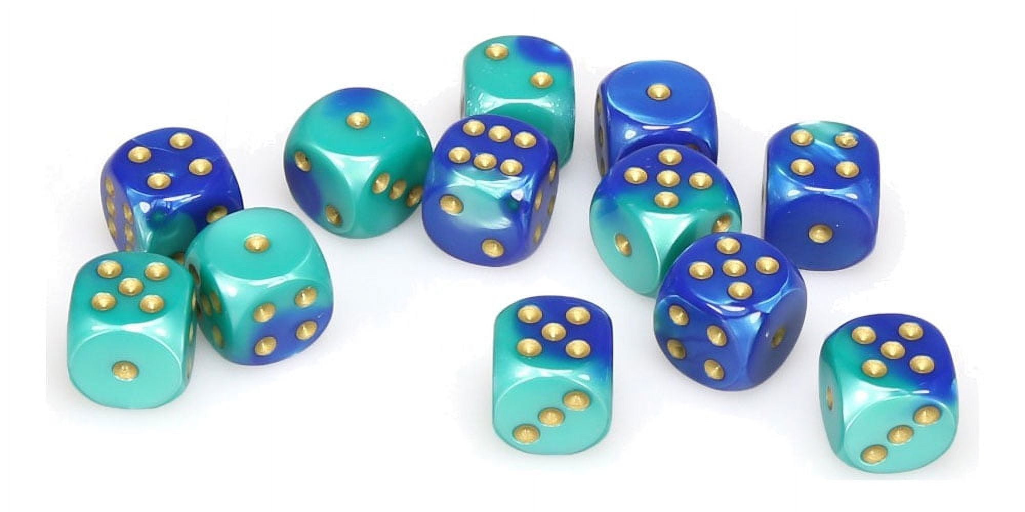 Manufacturing  16 mm Blue & Teal Gemini No.7 D6 Dice, Gold Pips - Pack of 12