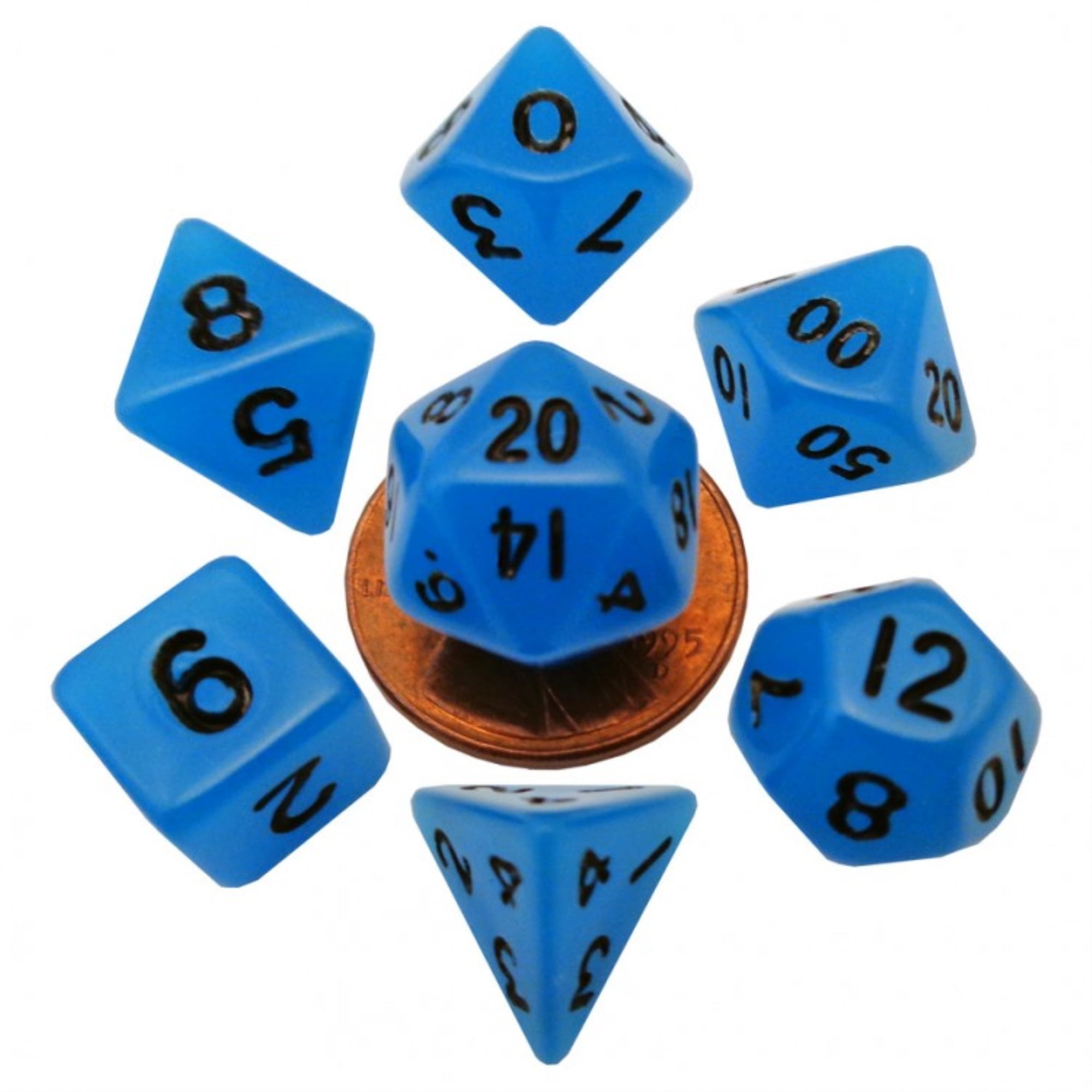 LIC4302 10 mm Metallic Mini Dice, Glow Blue with Black Numbers - Set of 7