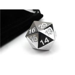 22 mm Zinc Metal Alloy Countdown D20 Dice with Black Bag- Silver & White Numbers