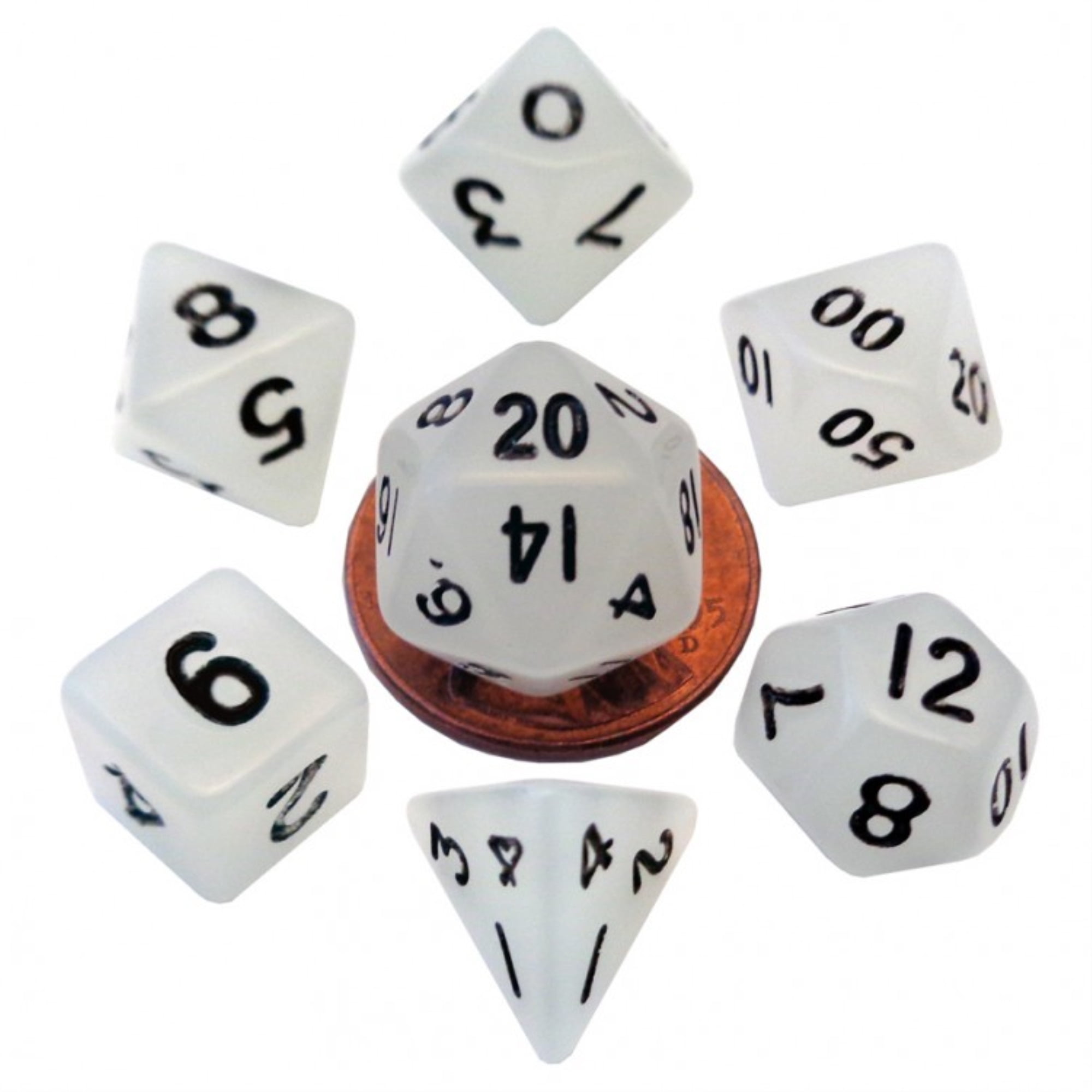10 mm Metallic Mini Dice, Glow Clear with Black Numbers - Set of 7