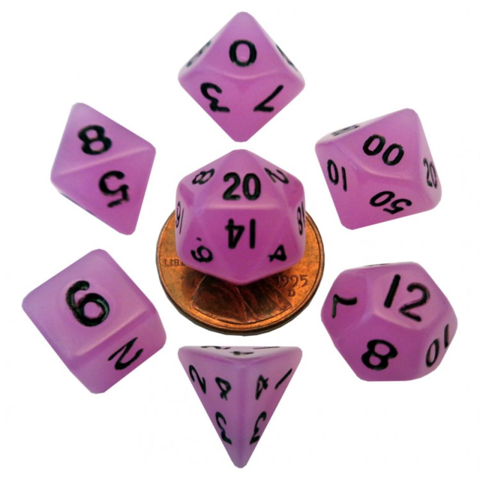 LIC4307 10 mm Metallic Mini Dice, Glow Purple with Black Numbers - Set of 7