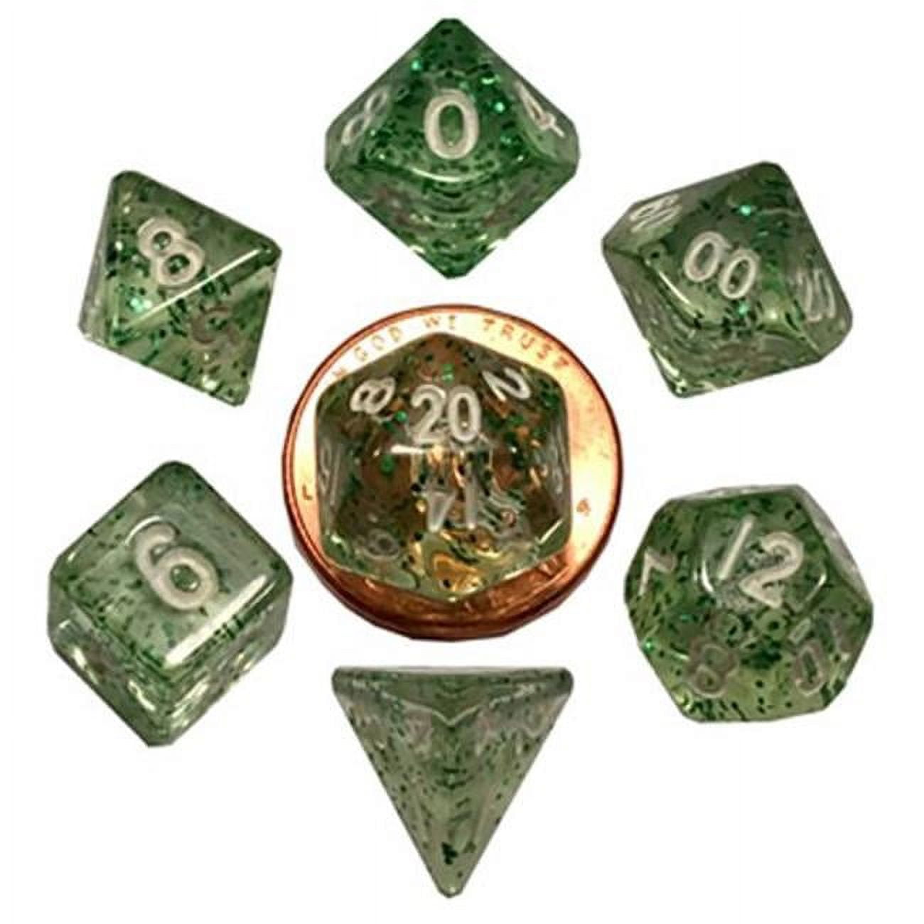 LIC4205 7 Count Mini Dice Poly Set Ethereal Green with White Numbers, 10 mm