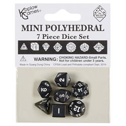 Koplow KPL18982 Mini Polyhedral Black Dice with White Numbers - Set of 7