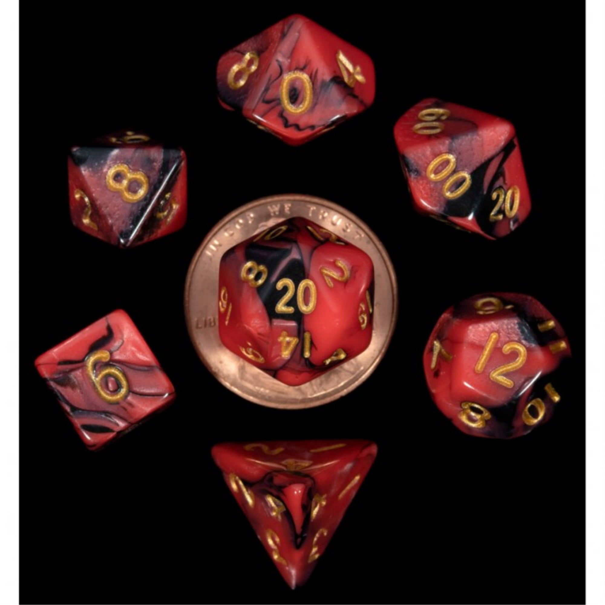 Mini Red & Black with Gold Numbers Dice Games - Set of 7