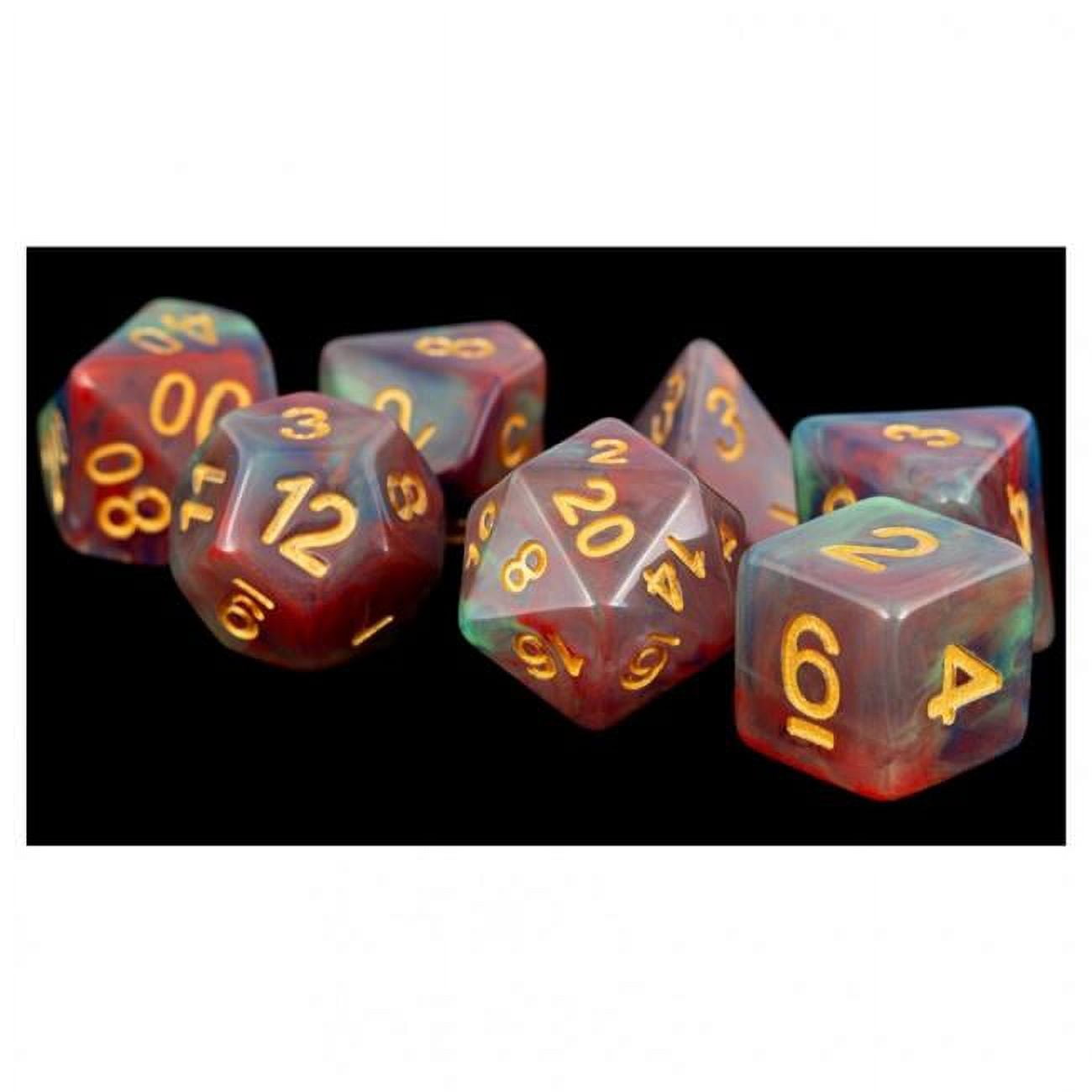 LIC611 16 mm Pearl Swirl Polyhedral Dice Set, Red & Gold - Set of 7