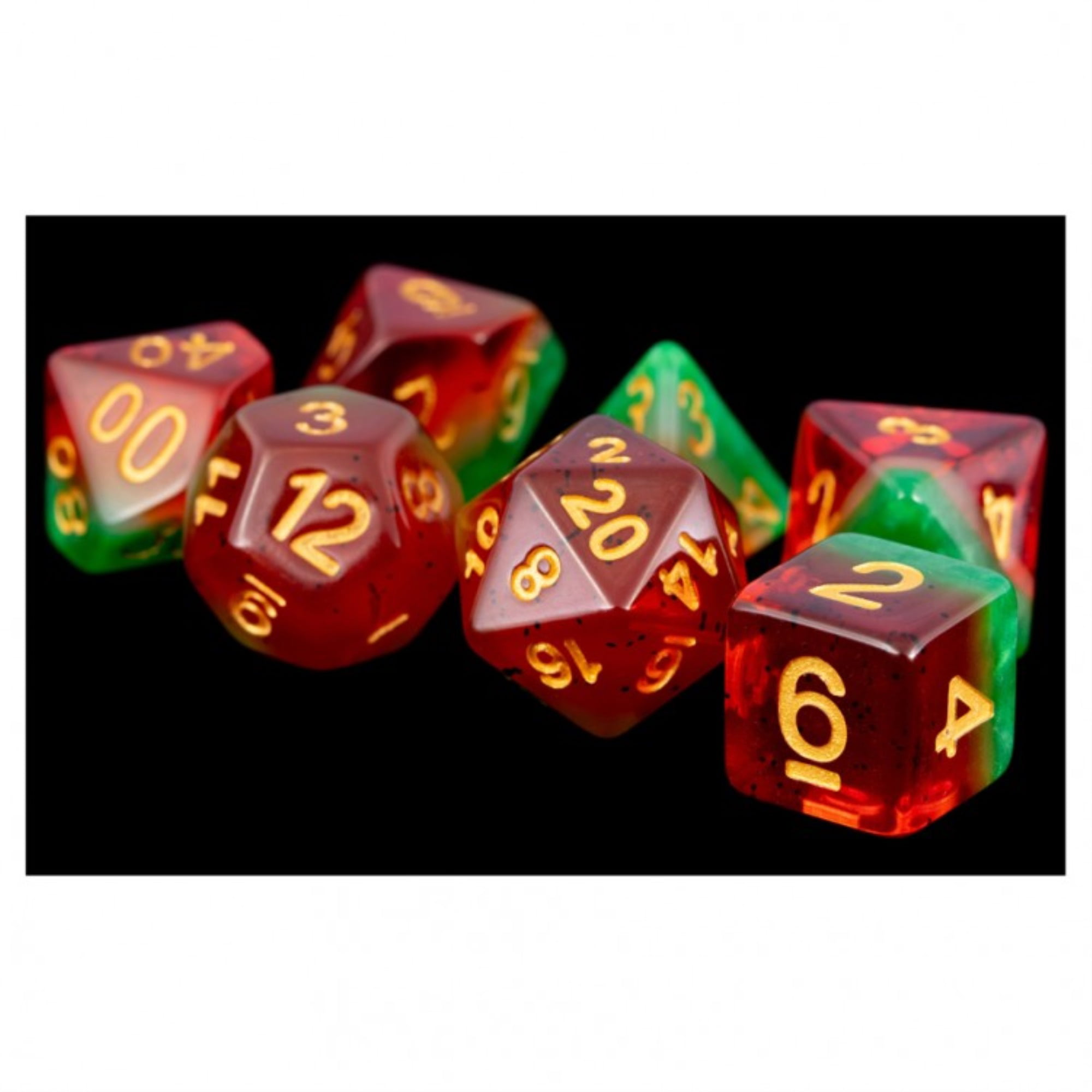 LIC615 16 mm Fruit Polyhedral Dice Set, Watermelon & Gold - Set of 7