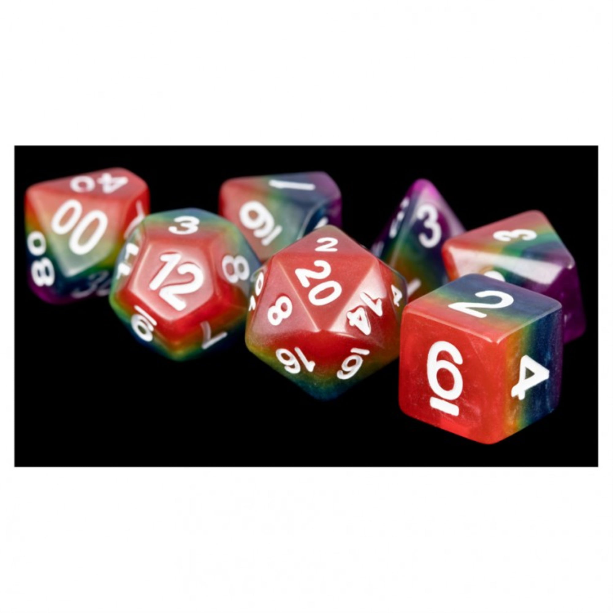LIC667 16 mm Polyhedral Dice Set, Rainbow & White - Set of 7