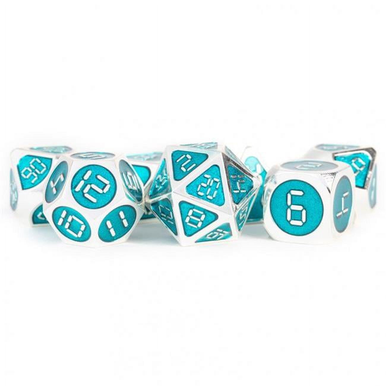 LIC022 Metal Dice with Teal Enamel & Silver Digital Clock Display Numbers - Set of 7