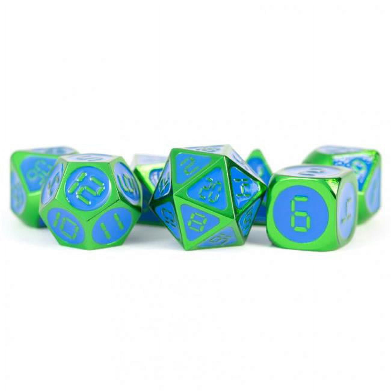 LIC023 Metal Dice with Blue Enamel & Green Digital Clock Display Numbers - Set of 7